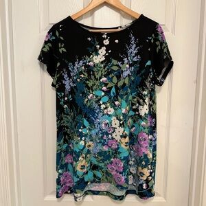 EUC Susan Graver Printed Liquid Knit Cap Sleeve Hi-Low Hem Top